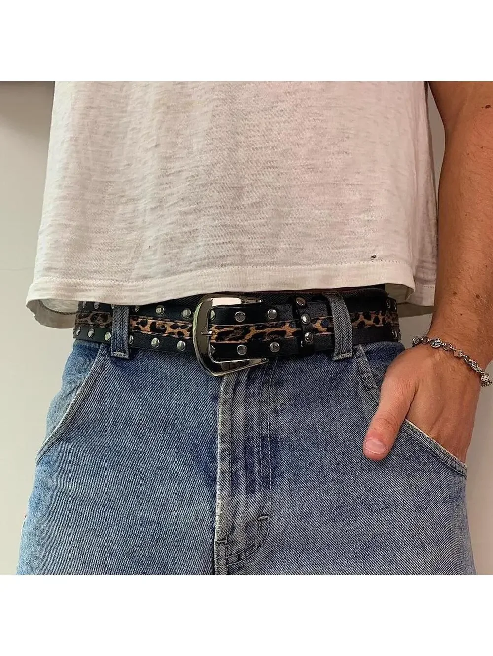 Cheetah print studded silver belt buckle belt. Punk gothic y2k style. 37 inches